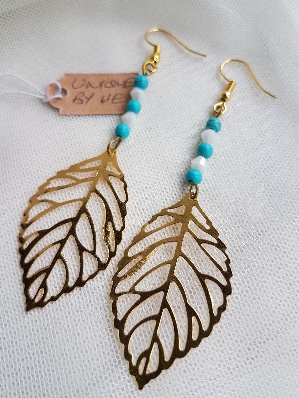Swarovski Elements White & Genuine Turquoise Gemstone Gold Leaf Earrings NEW